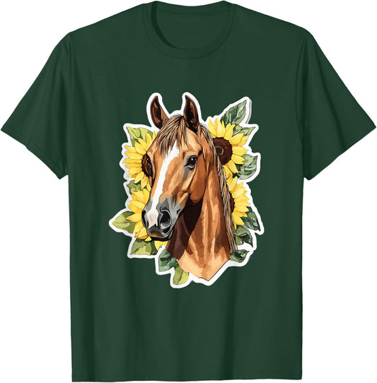 Floral Horse Among Sunflowers Under Blue Sky T-Shirt - T-Shirt | Forest