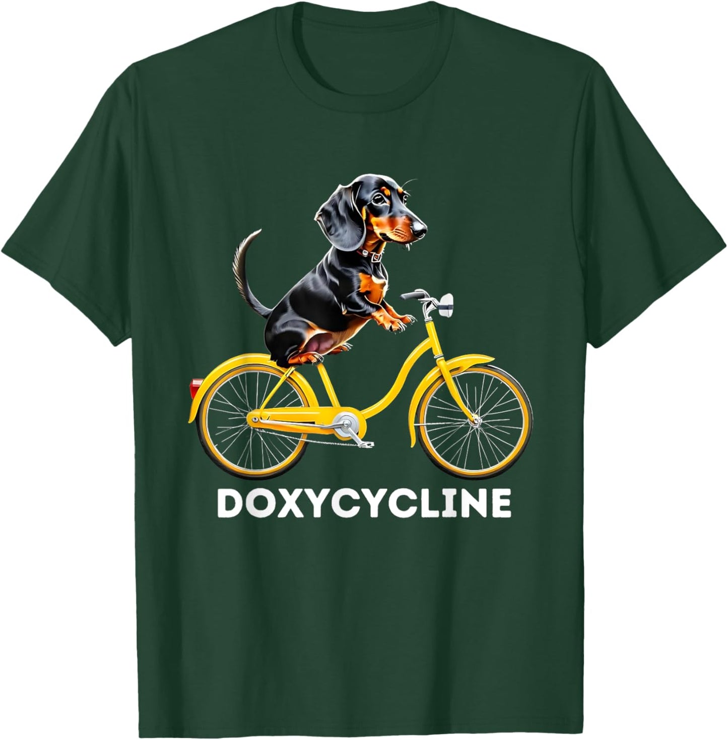 Dachshund on Bicycle Doxycycline Pharmacy Pun Dog Pharmacist T-Shirt - T-Shirt | Forest