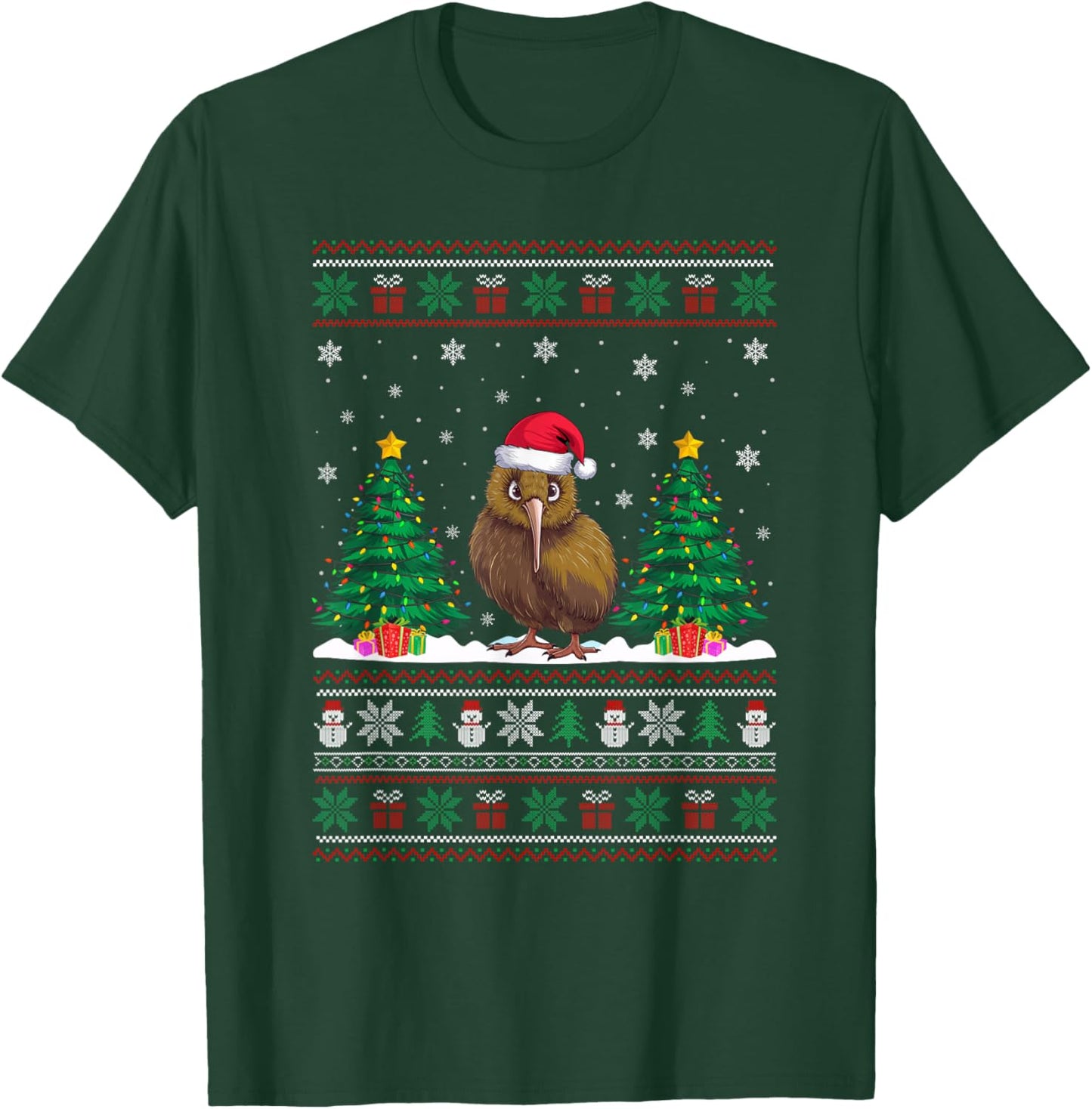 Santa Hat Kiwi Bird Christmas Tree Lights Ugly Sweater T-Shirt - T-Shirt | Forest