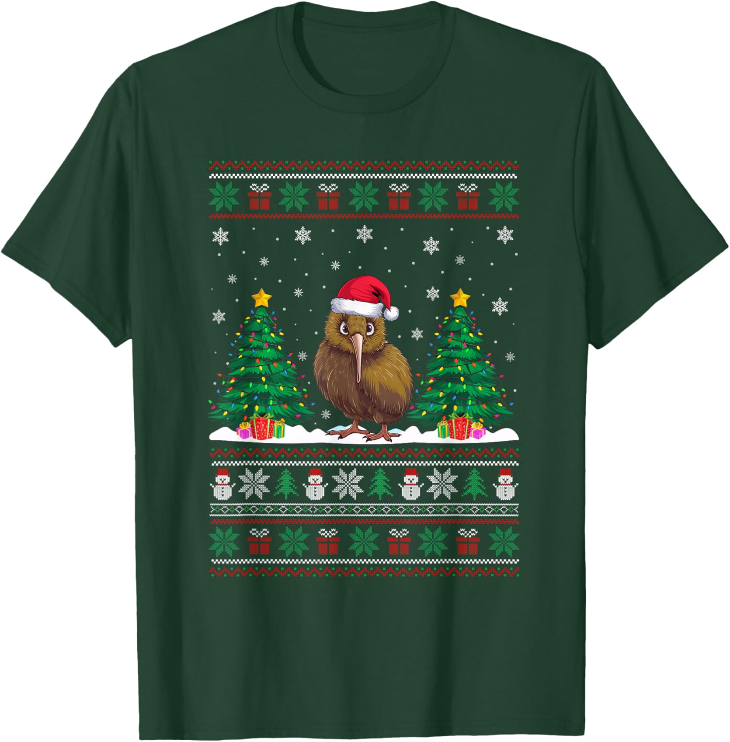 Santa Hat Kiwi Bird Christmas Tree Lights Ugly Sweater T-Shirt - T-Shirt | Forest
