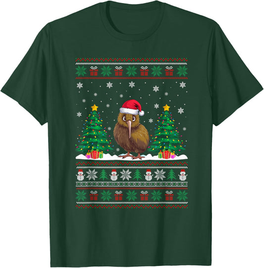 Santa Hat Kiwi Bird Christmas Tree Lights Ugly Sweater T-Shirt - T-Shirt | Forest