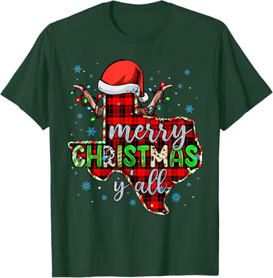 Funny Merry Christmas Y'all Texas State Red Plaid Santa Hat T-Shirt - T-Shirt | Forest