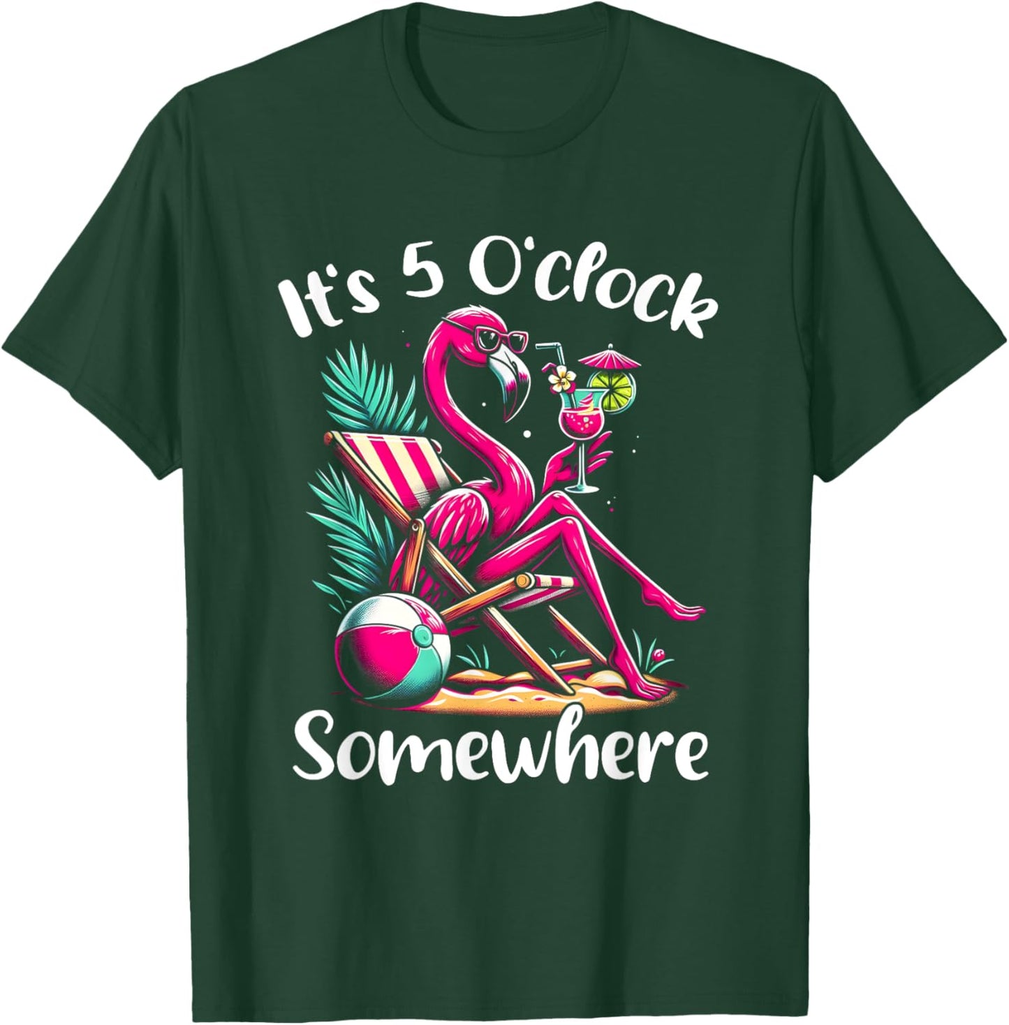It's 5 O'clock Somewhere Flamingo Drinking Beach Vacation T-Shirt - T-Shirt | Forest