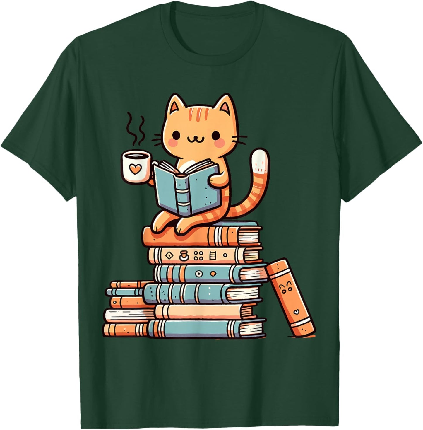 Kawaii Cat Coffee Books Teacher Men Women Girls Kids T-Shirt - T-Shirt | Forest