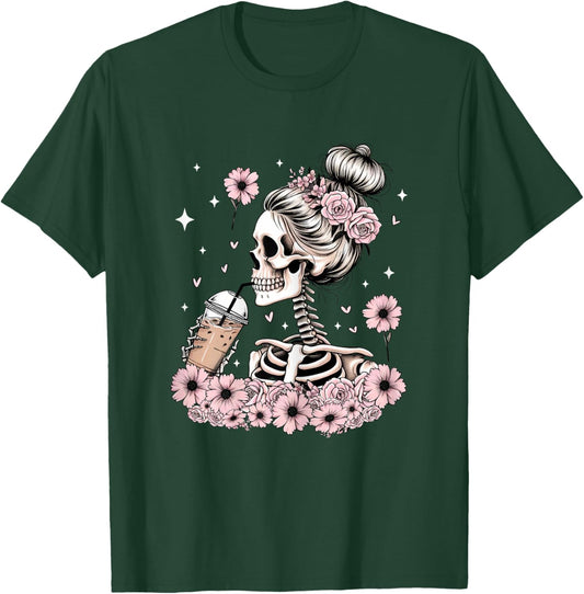 Halloween Skeleton Messy Bun Coffee Funny Costume Mom Women T-Shirt - T-Shirt | Forest