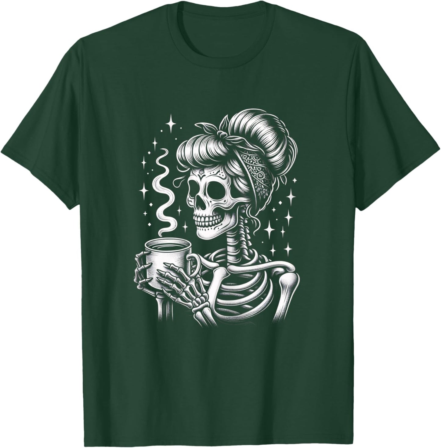 Halloween Skeleton Messy Bun Coffee Funny Costume Mom Women T-Shirt - T-Shirt | Forest