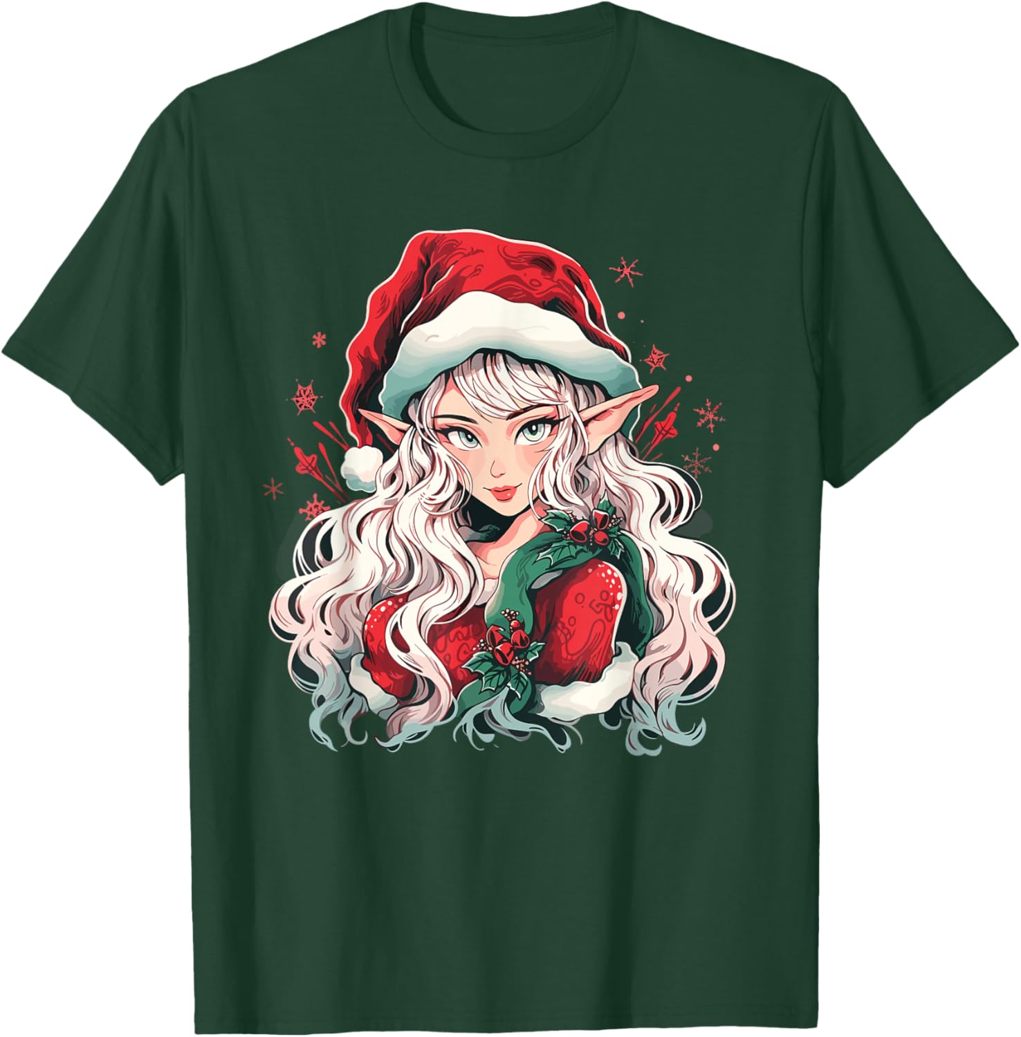 Christmas Elf Beautiful Anime Girl Cute Waifu Manga Graphic T-Shirt - T-Shirt | Forest