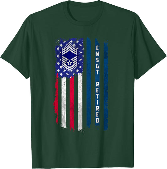 Retired E-9 Chief Master Sergeant CMSgt Rank American Flag T-Shirt - T-Shirt | Forest