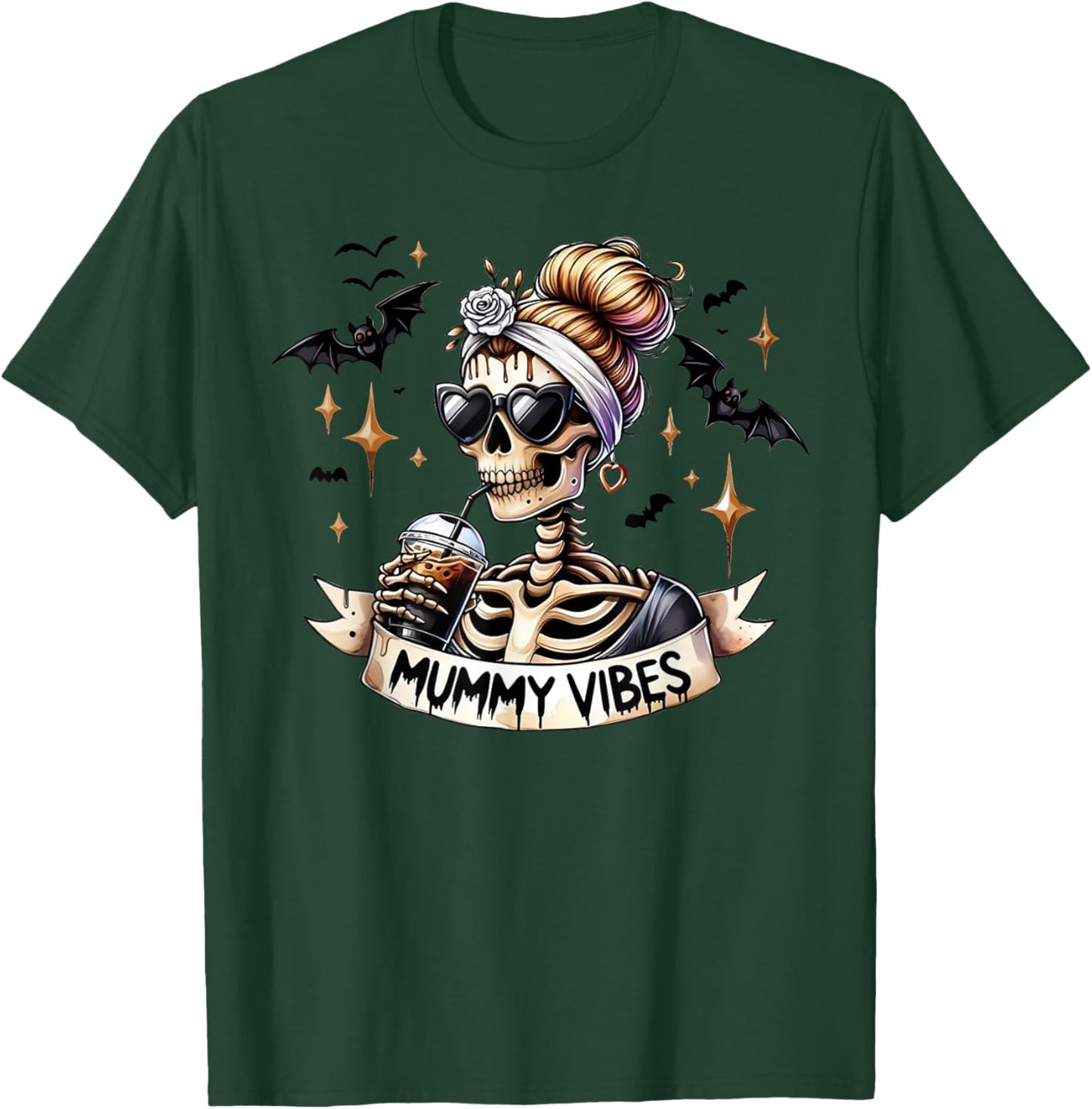 Mummy Vibes Skeleton Coffee Mom Spooky Season Halloween T-Shirt - T-Shirt | Forest