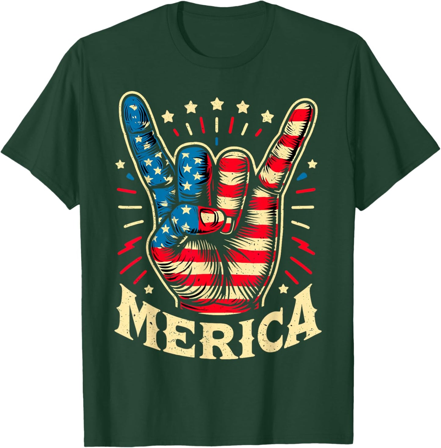 Merica 4th of July Rock and Roll USA Flag T-Shirt - T-Shirt | Forest