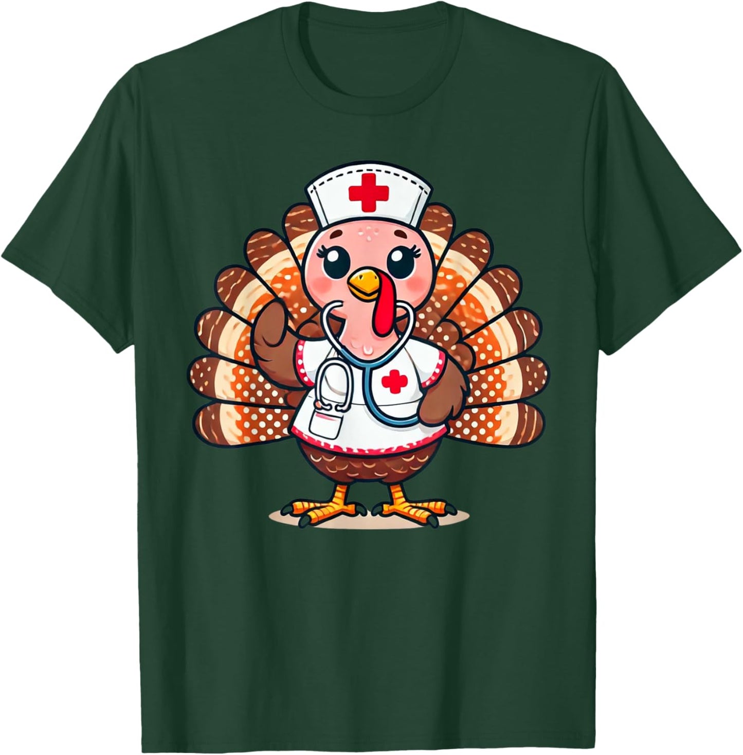 Turkey Nurse Stethoscope Thanksgiving Fall Scrub Top Women T-Shirt - T-Shirt | Forest