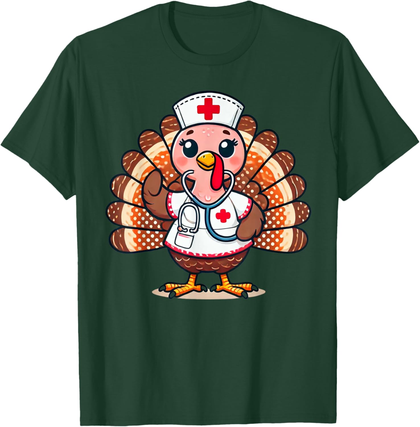 Turkey Nurse Stethoscope Thanksgiving Fall Scrub Top Women T-Shirt - T-Shirt | Forest
