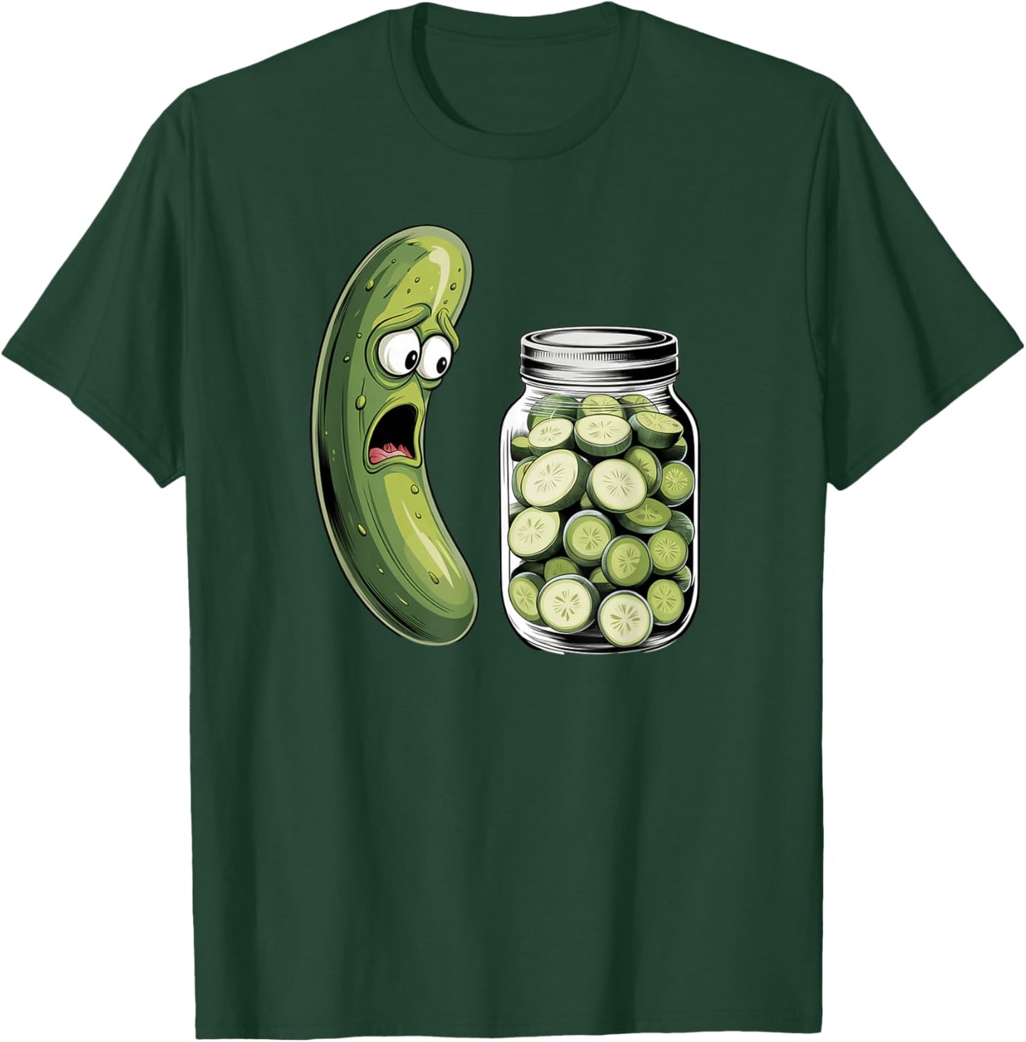 Funny Pickle Surprise A Cucumber And A Jar Of Sliced Pickles T-Shirt - T-Shirt | Forest