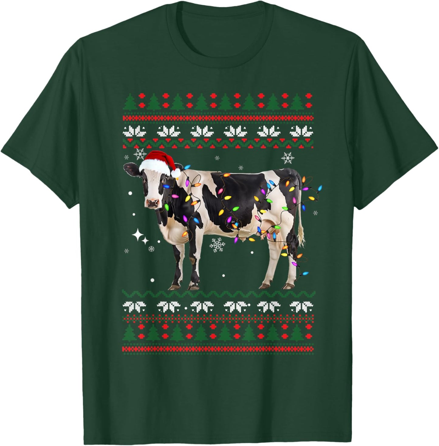Funny Ugly Xmas Sweater Dairy Cow Farmer Lights Christmas T-Shirt - T-Shirt | Forest