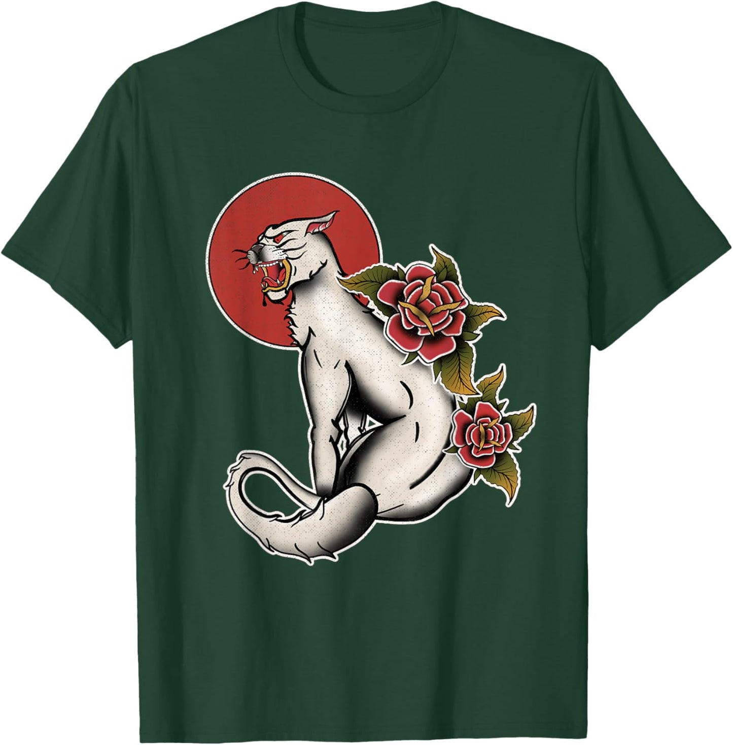 Vintage American Traditional Albino Panther Tattoo Rose T-Shirt - T-Shirt | Forest