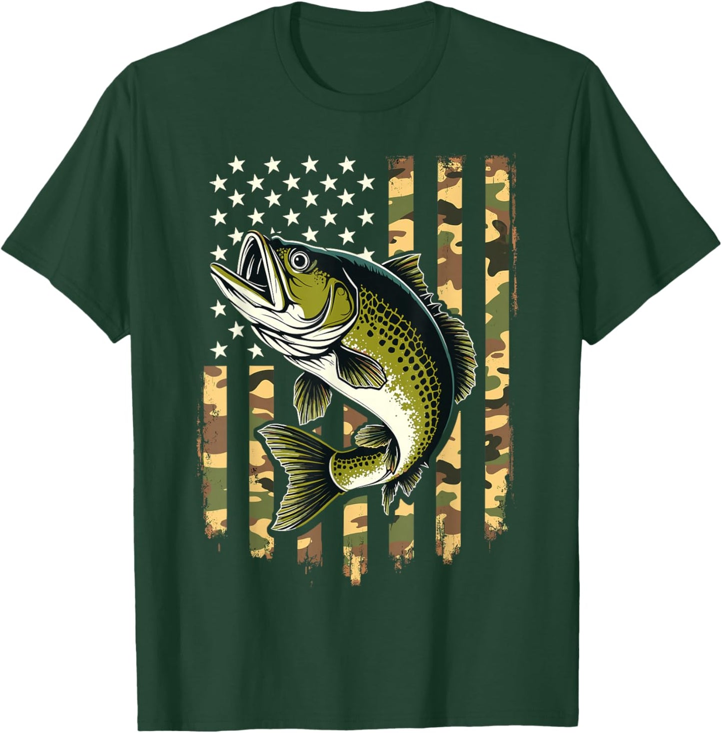 Fishing Camouflage USA American Flag Fisherman T-Shirt - T-Shirt | Forest