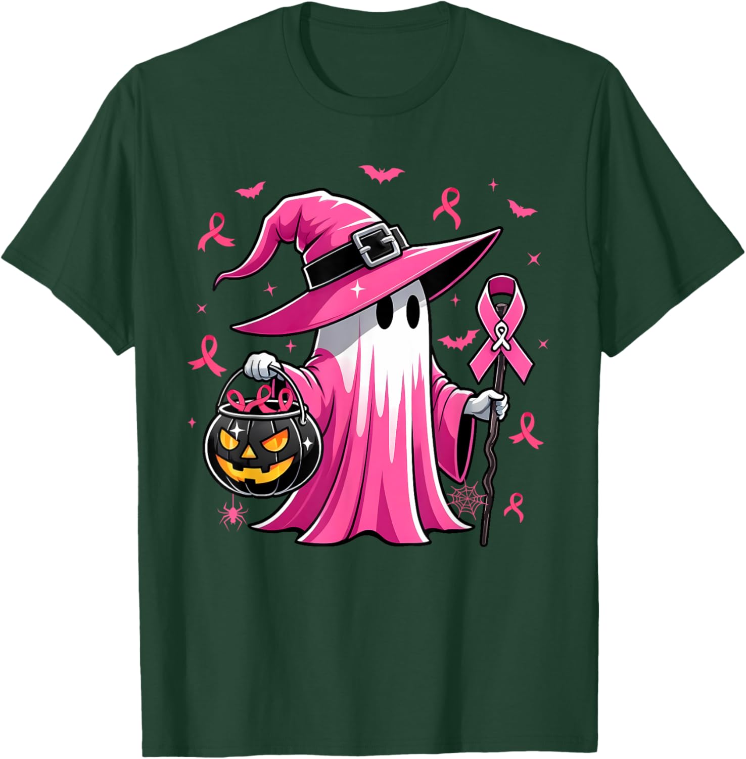 Halloween Pink Ghost Witch Breast Cancer Awareness Women T-Shirt - T-Shirt | Forest