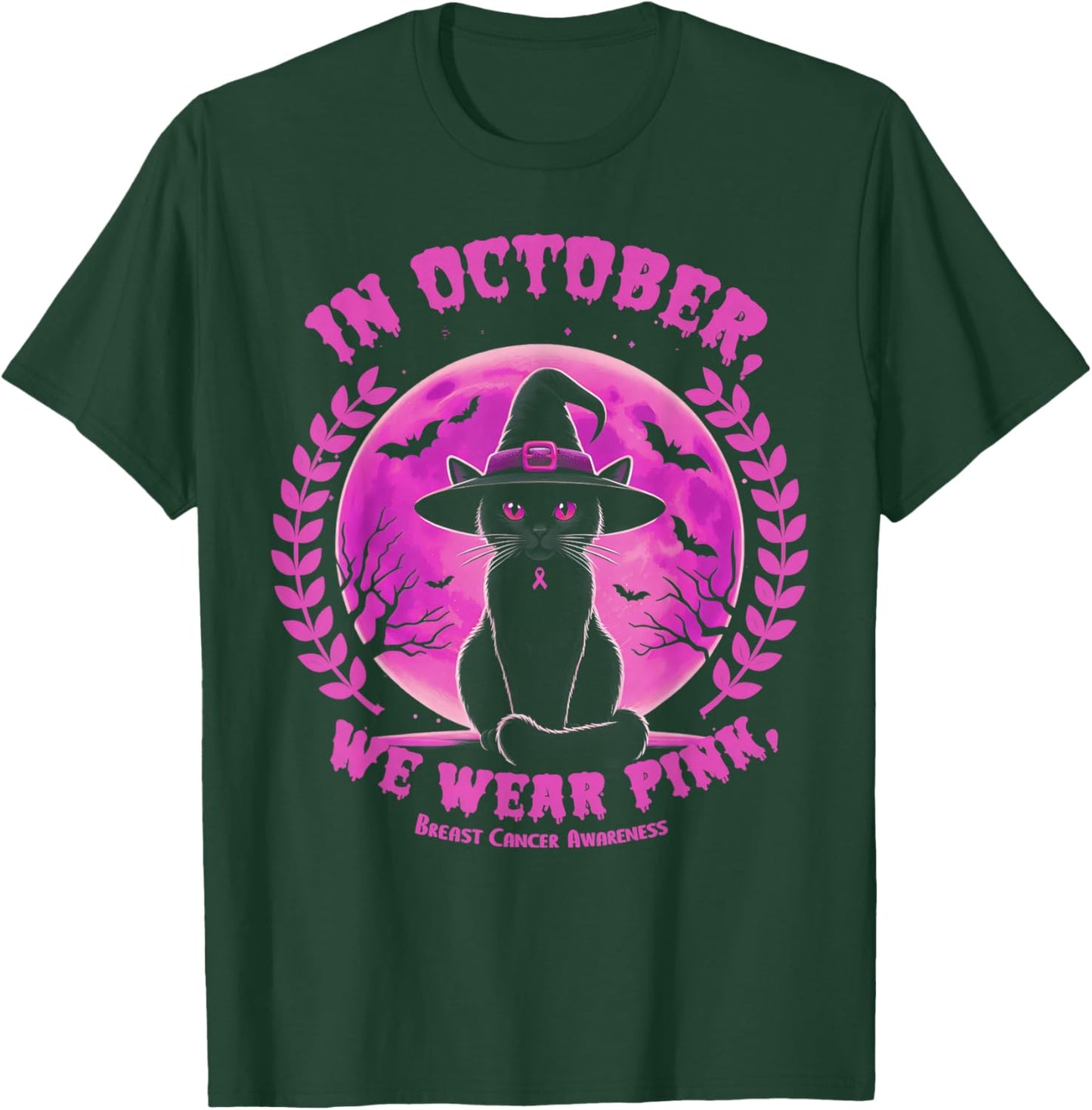 In October We Wear Pink Witch Cat Halloween Breast Cancer T-Shirt - T-Shirt | Forest