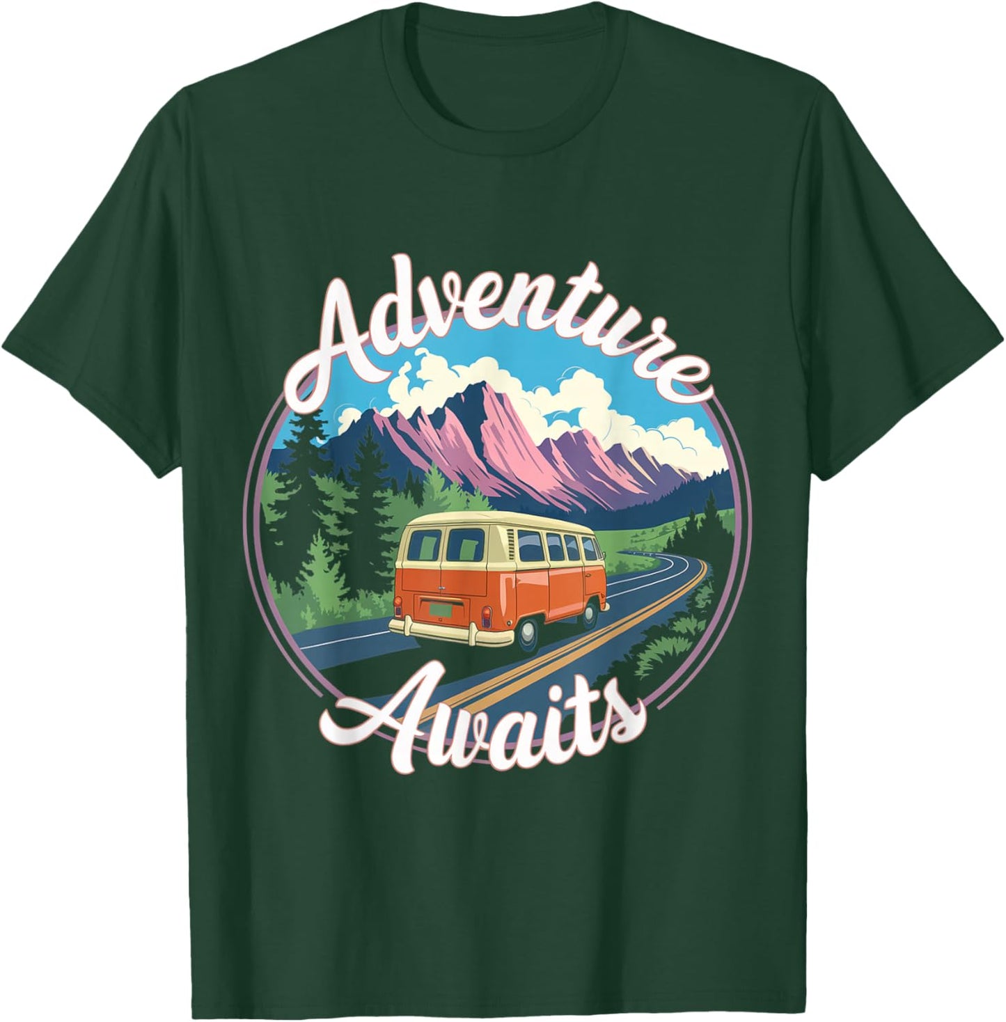 Retro Adventure Apparel Vintage Van Scenic Road Trip T-Shirt - T-Shirt | Forest