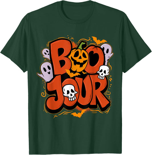 Boo Jour Ghost Halloween Celebrating Funny Groovy T-Shirt - T-Shirt | Forest