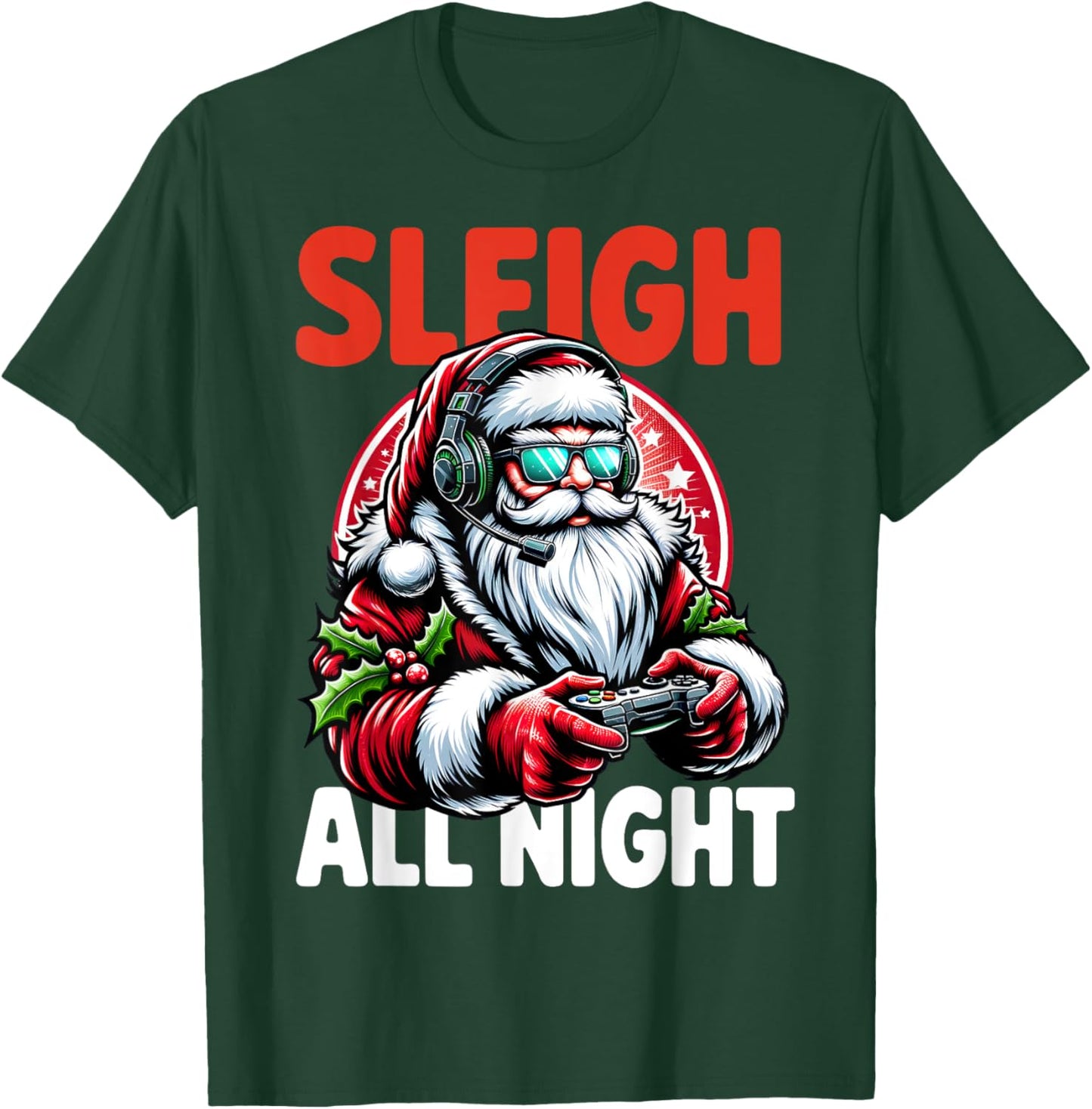 Christmas Gamer Boys Sleigh All Night Video Game Santa Xmas T-Shirt - T-Shirt | Forest