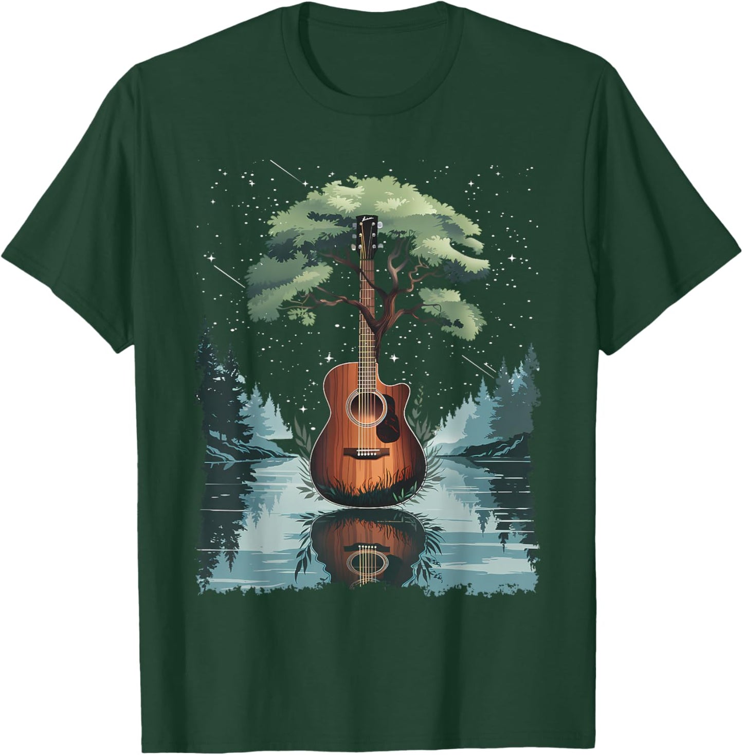 Acoustic Guitar Tree and Moon By The Lake Guitarist T-Shirt - T-Shirt | Forest