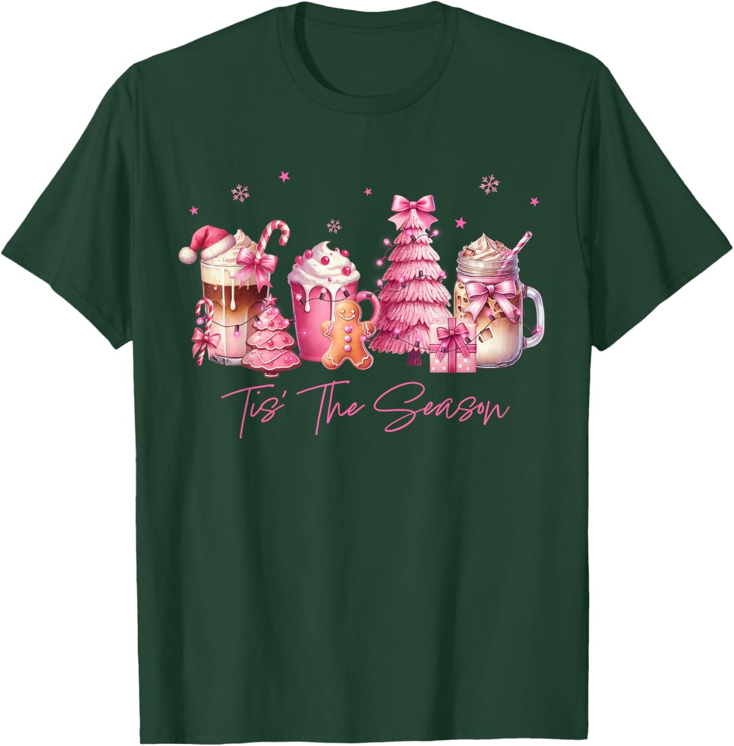 Tis The Season Pink Christmas Coffee Cups Latte Drink Outfit T-Shirt - T-Shirt | Forest