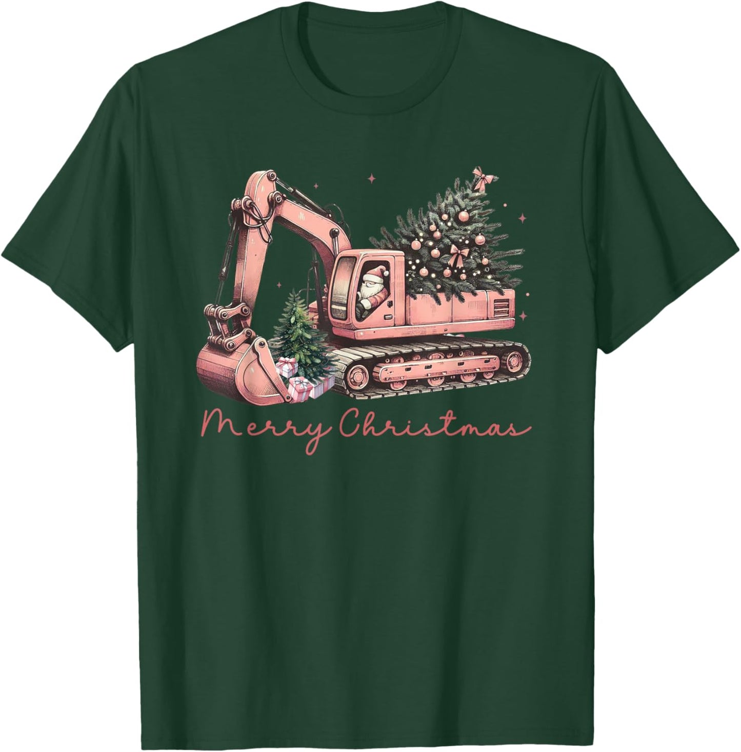Merry Christmas Construction Excavator Christmas Tree Light T-Shirt - T-Shirt | Forest