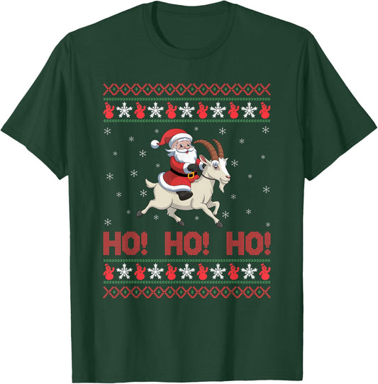 Ho Ho Ho Santa Riding Goat Ugly Christmas Sweater T-Shirt - T-Shirt | Forest
