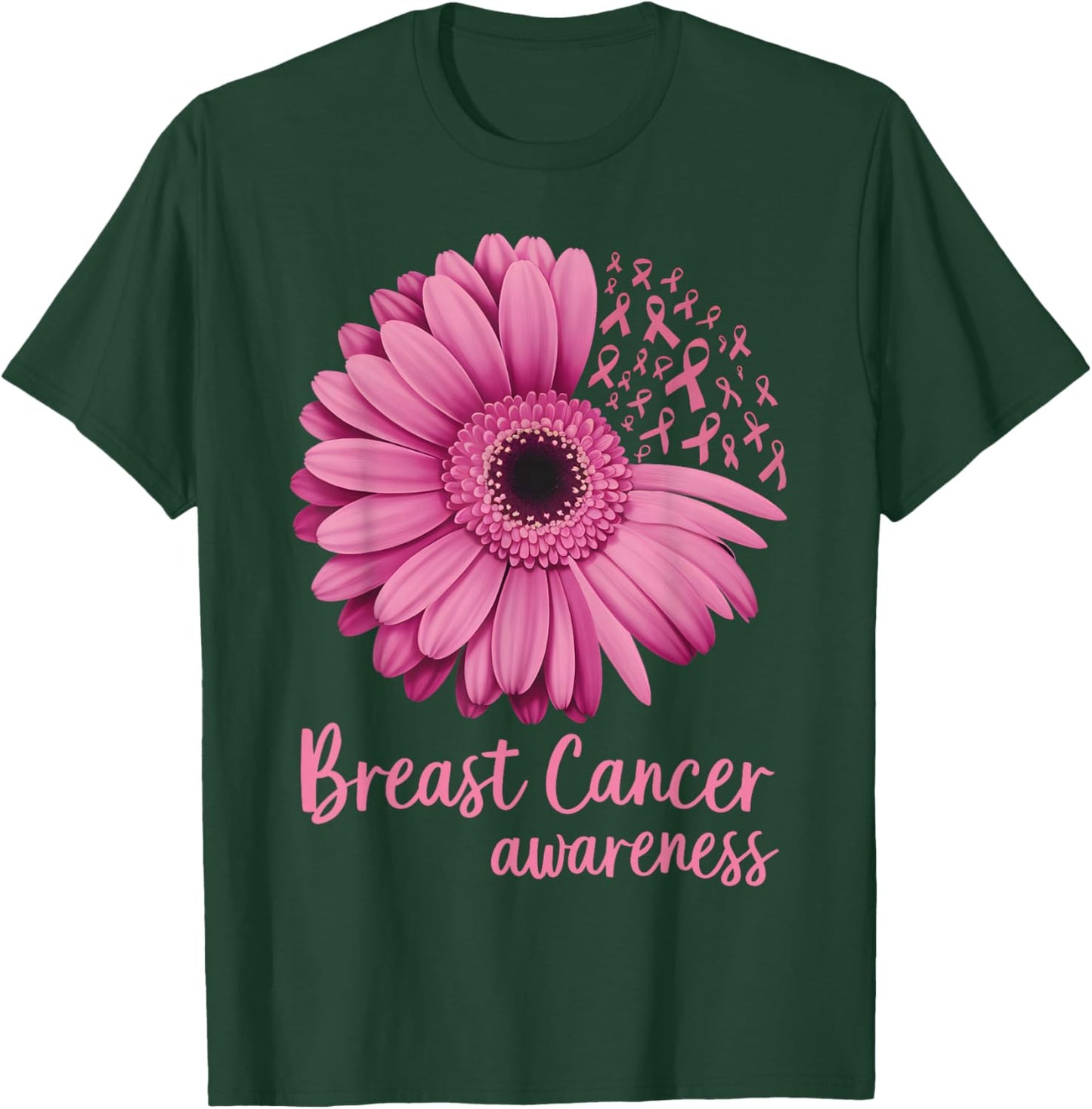 Pink Flower Breast Cancer Awareness Ribbon October Support T-Shirt - T-Shirt | Forest