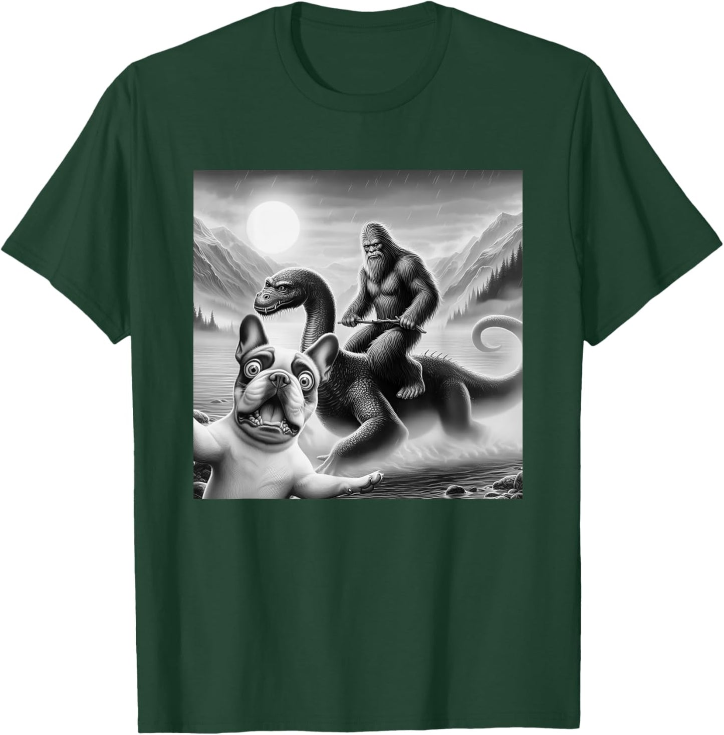 Funny French bulldog Selfie with bigfoot riding loch Ness Women Kids T-Shirt - T-Shirt | Forest