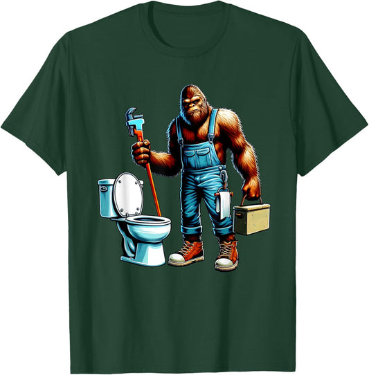 Bigfoot At Work Plumber Plumbing Worker Sasquatch Funny T-Shirt - T-Shirt | Forest