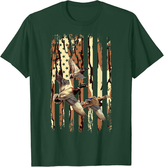 Duck Hunt American Flag Waterfowl Hunting Bottom lands Camo T-Shirt - T-Shirt | Forest
