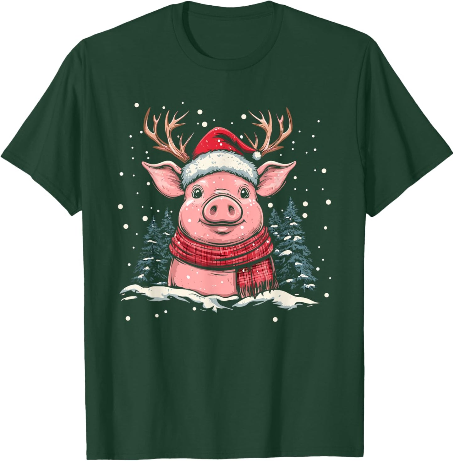 Pig Reindeer Santa Hat Christmas Xmas T-Shirt - T-Shirt | Forest