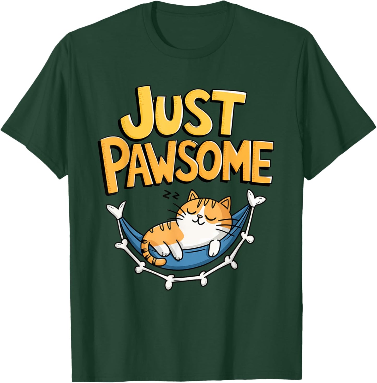 Cartoon Cat Lounging in Hammock Pawsome T-Shirt - T-Shirt | Forest
