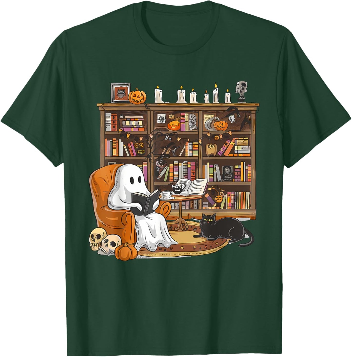 Cute Ghost Reading Books with Black Cat Halloween Book lover Women Kids T-Shirt - T-Shirt | Forest