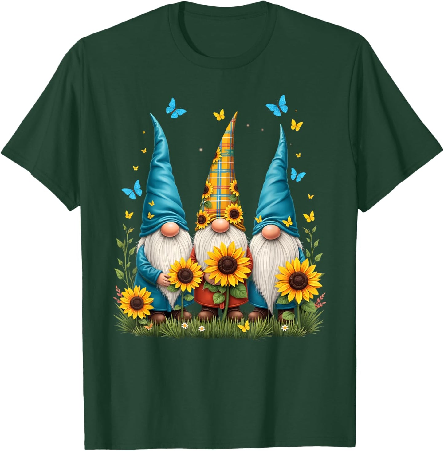 Gnomes With Sunflower Butterfly Flower Garden Gardener T-Shirt - T-Shirt | Forest