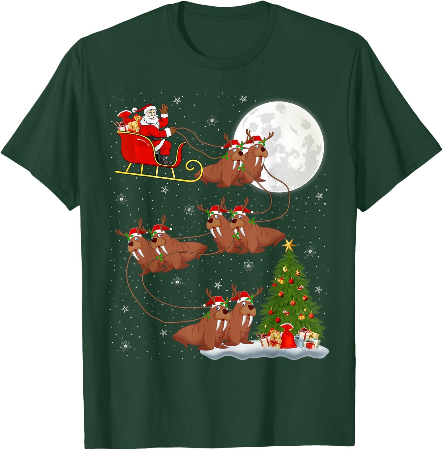 Xmas Tree Lights Funny Santa Riding Walrus Christmas T-Shirt - T-Shirt | Forest