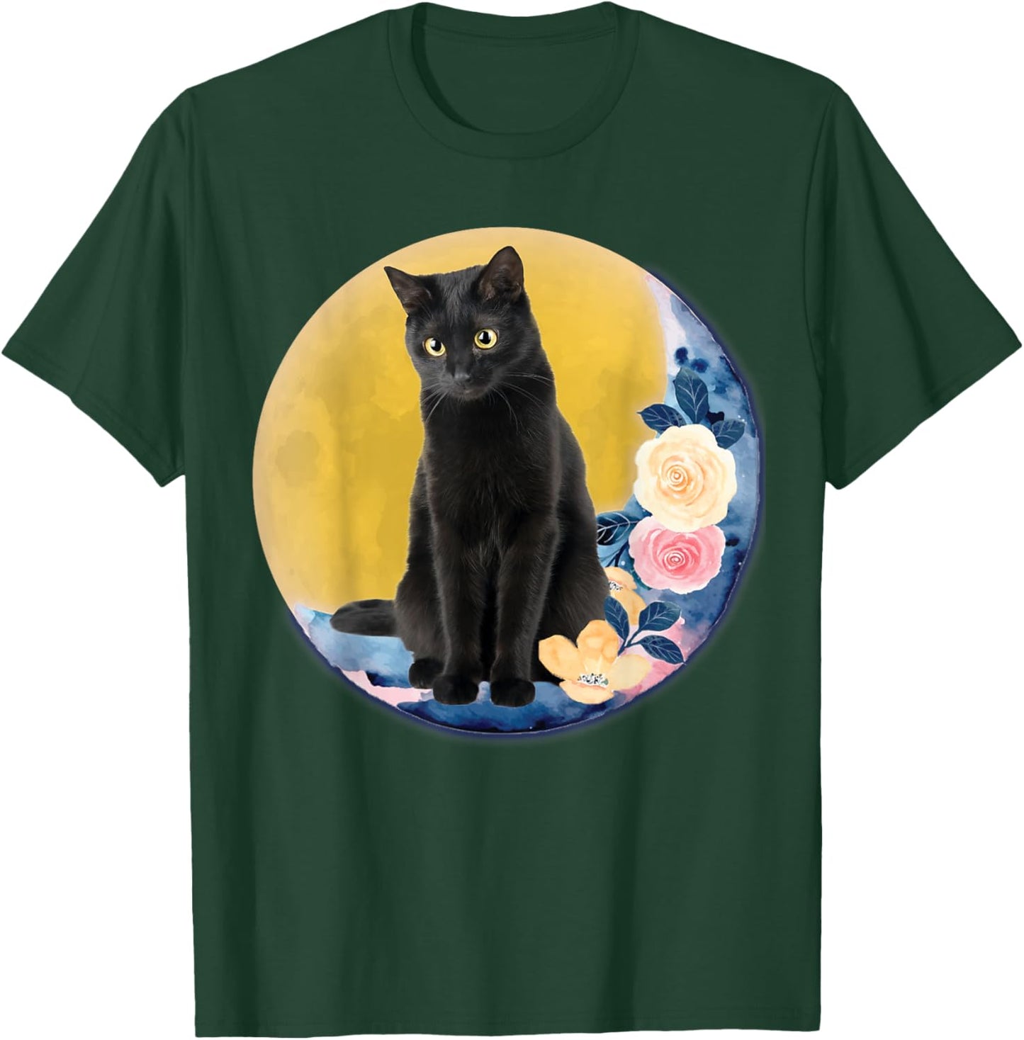 Cute Cat Motif Cat On Crescent Moon With Flowers Moonlight Men Women Kids T-Shirt - T-Shirt | Forest