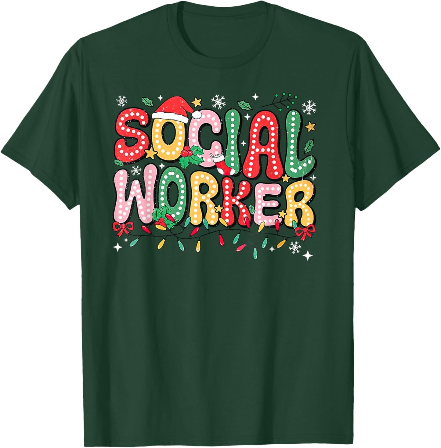 Retro Social Worker Santa Hat Christmas Lights Social Work T-Shirt - T-Shirt | Forest