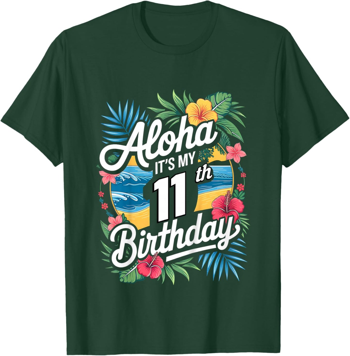 Kids Aloha 11th Birthday Hawaiian Theme Hawaii Tropical Beach T-Shirt - T-Shirt | Forest