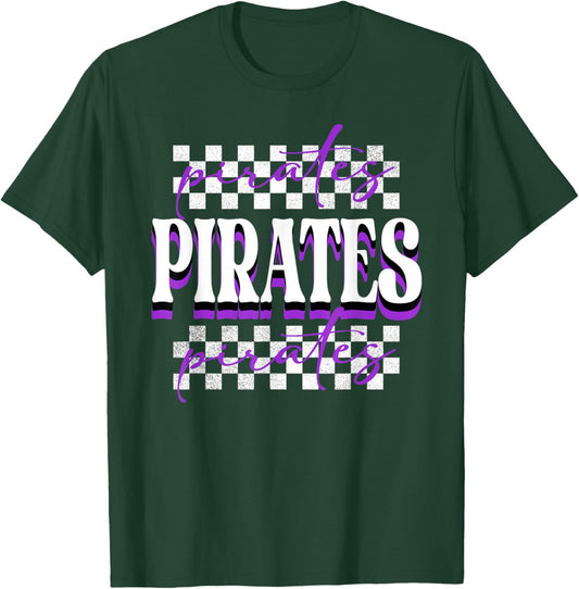 Pirates Checkered School Spirit Purple Pirate Pride Mascot T-Shirt - T-Shirt | Forest