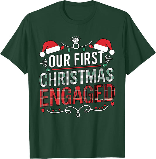 Our First Christmas Engaged 2024 Couples Pajamas Christmas T-Shirt - T-Shirt | Forest