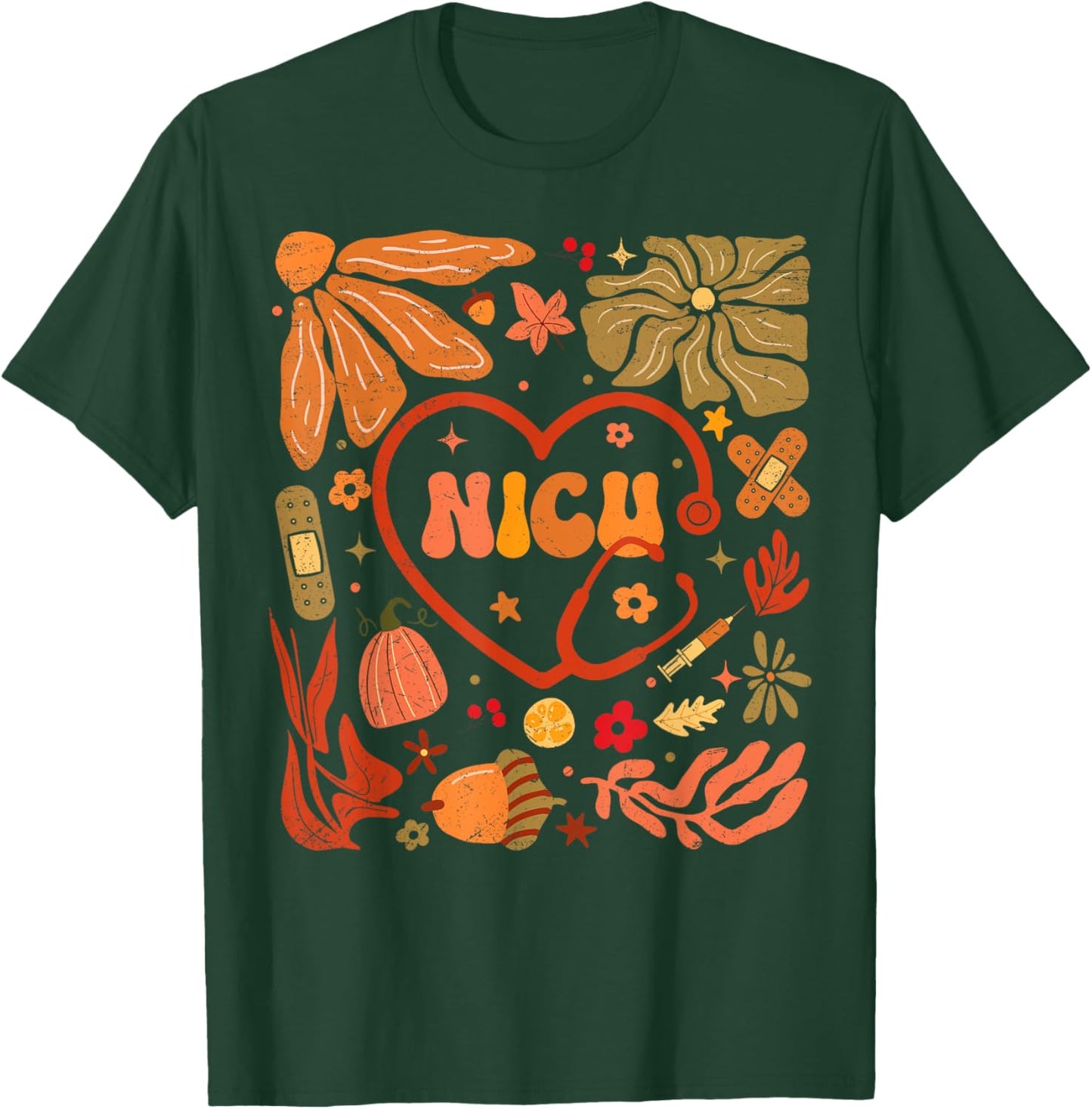 NICU Nurse Heart Pumpkin Boho Flower Thanksgiving T-Shirt - T-Shirt | Forest