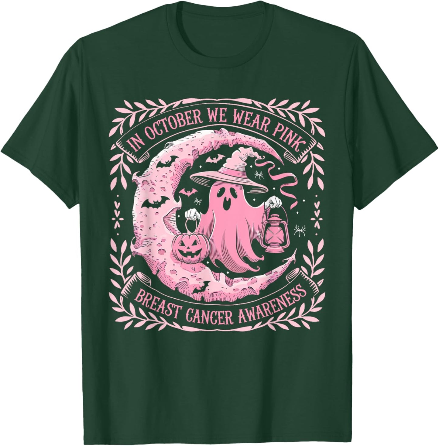 October We Wear Pink Ghost Halloween Pumpkins Breast Cancer T-Shirt - T-Shirt | Forest