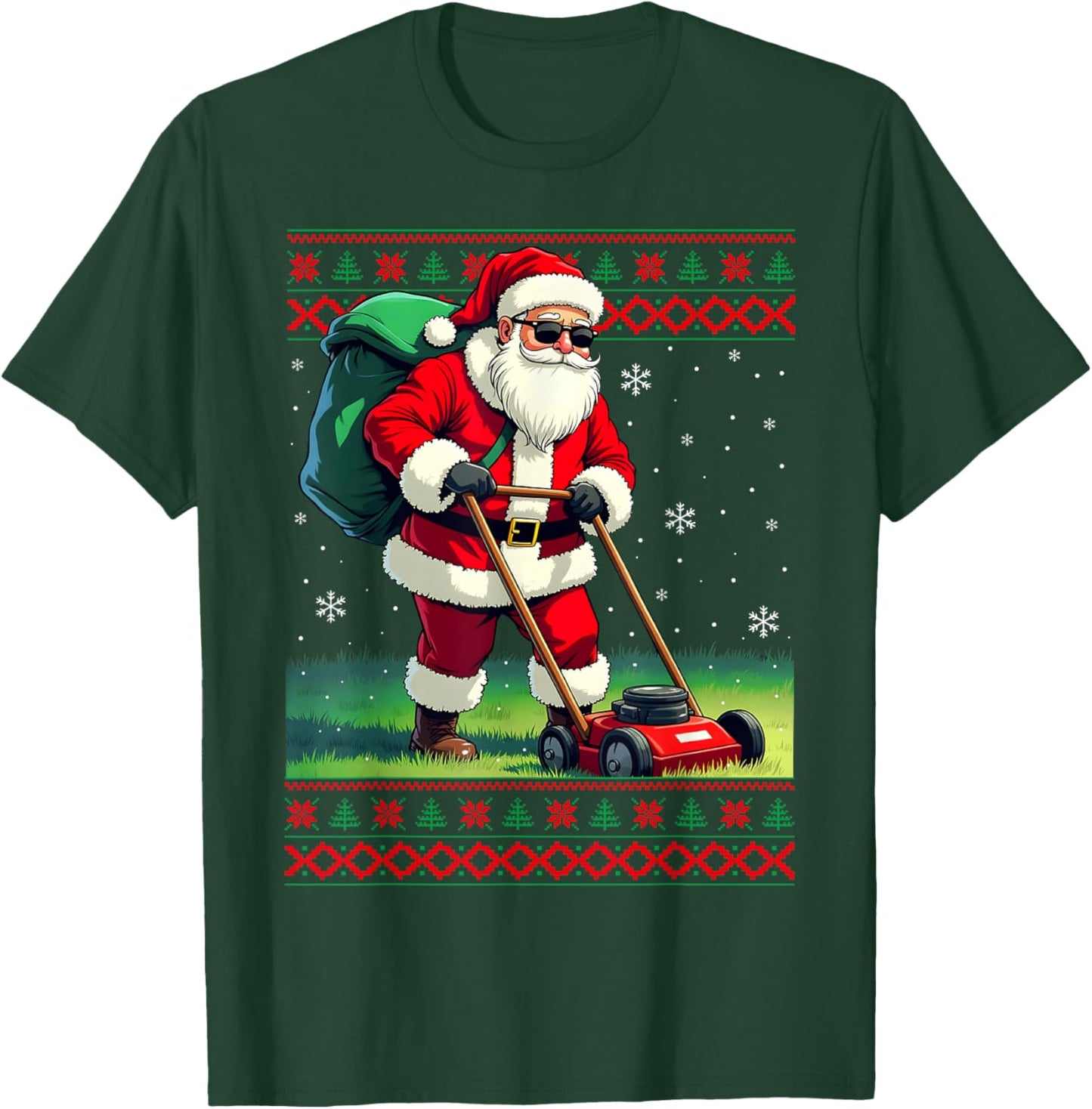 Santa Claus Mowing Lawn Ugly Christmas Holiday Boys Men T-Shirt - T-Shirt | Forest