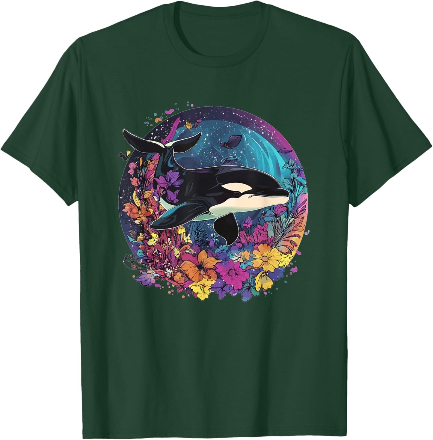 Orca Whale Surrounded By Vibrant Flowers T-Shirt - T-Shirt | Forest