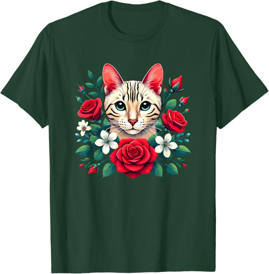Roses Flowers Snow Bengal Cat Women Kids T-Shirt - T-Shirt | Forest