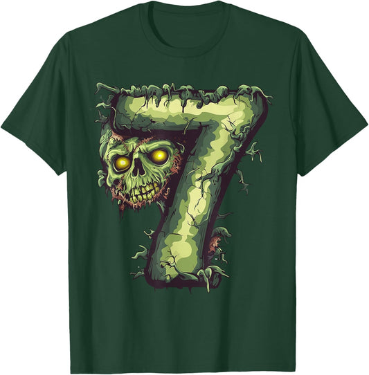 Fun 7th Birthday Zombie Halloween Themed 7 Years Old Kids T-Shirt - T-Shirt | Forest