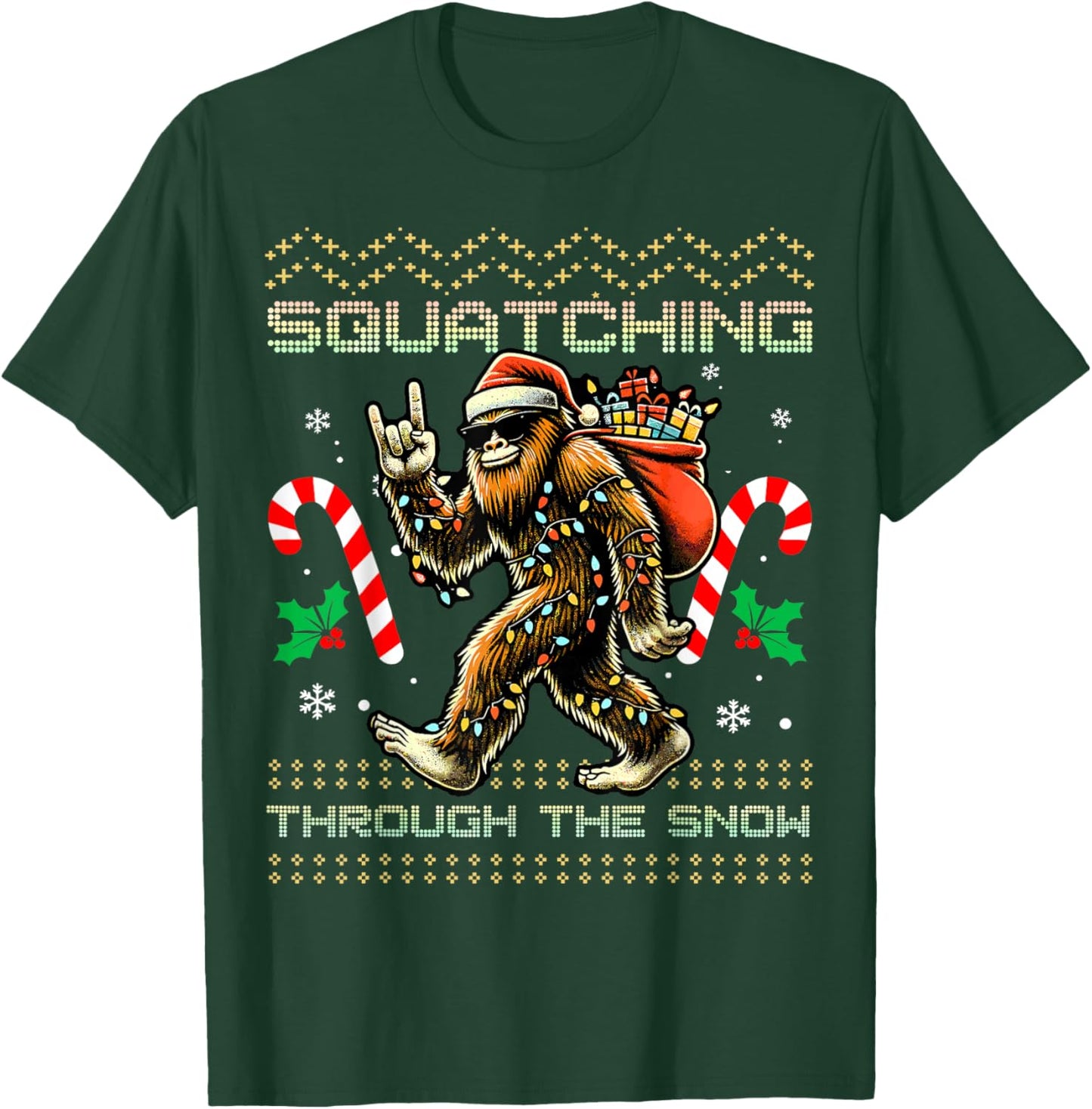 Squatching Through The Snow Squatch Rock Bigfoot Christmas T-Shirt - T-Shirt | Forest
